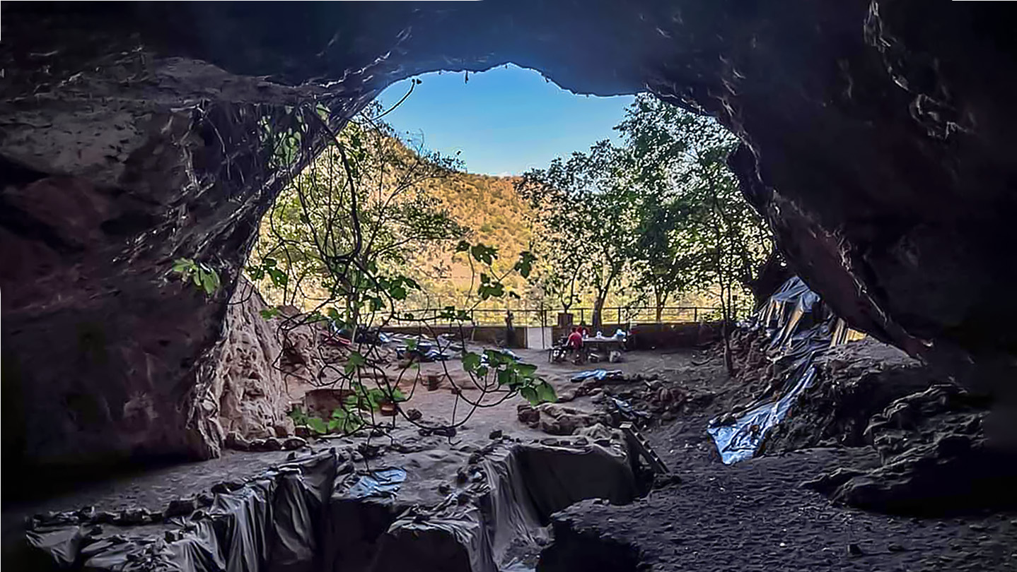 View of the landscape from inside a cave in Morocco that archaeologists have excavated. You can see trenches in the foreground and some trees and a hill with some vegetation beyond.